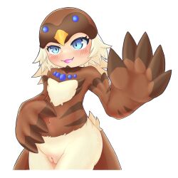 Rule 34 | 1girl, bird hat, bird tail, blonde hair, blue eyes, blush, brown wings, cleft of venus, commentary request, covered navel, duel monster, feather fingers, harpy, highres, long hair, looking at viewer, lyrilusc - cobalt sparrow, monster girl, open mouth, pussy, simple background, solo, suzuki (pixiv 94103823), tail, uncensored, white background, winged arms, wings, yu-gi-oh!