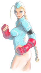Rule 34 | 1girl, a ichiro, aqua hat, aqua leotard, bad id, bad pixiv id, blonde hair, blue eyes, braid, breasts, cammy white, capcom, clenched hands, fingerless gloves, from side, gloves, green necktie, hat, large breasts, leotard, long hair, long sleeves, necktie, red gloves, ribbed leotard, scar, simple background, solo, street fighter, twin braids, very long hair, white background