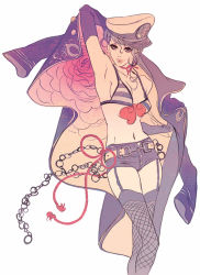 Rule 34 | 1girl, bikini, bikini top only, breasts, chain, coat, elbow gloves, female focus, fishnet thighhighs, fishnets, garter belt, gloves, hat, matsuo hiromi, medium breasts, original, rope, sailor, sailor hat, short shorts, shorts, simple background, solo, swimsuit, thighhighs, white background