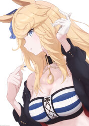 1girl bandeau black_choker blonde_hair blue_eyes blue_nails chahiro choker gold_city_(umamusume) hands_up highres long_hair looking_at_viewer midriff nail_polish off_shoulder parted_lips simple_background single_bare_shoulder solo strapless striped_bandeau striped_clothes tube_top umamusume upper_body white_background