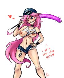 Rule 34 | 1girl, armlet, bad id, bad tumblr id, big hair, blue eyes, blue shorts, breasts, choker, cuffs, denim, denim shorts, dildo, drcockula, final fight, hand on own hip, hat, heart, highres, huge dildo, large breasts, long hair, navel, nipples, no bra, one eye closed, open fly, peaked cap, pink hair, poison (final fight), saints row, saints row: the third, short shorts, shorts, solo, street fighter, torn clothes, unzipped, very long hair, wink, wristband, you gonna get raped