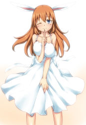 Rule 34 | 1girl, animal ears, bare shoulders, blue eyes, blush, breasts, brown hair, charlotte e. yeager, collarbone, dress, finger to mouth, huge breasts, komusou (jinrikisha), large breasts, long hair, one eye closed, rabbit ears, rabbit girl, shushing, smile, solo, strike witches, white dress, wink, world witches series