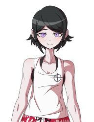 1girl bare_arms black_bra black_hair bra breasts cleavage closed_mouth collarbone danganronpa:_trigger_happy_havoc danganronpa_(series) danganronpa_s:_ultimate_summer_camp eyebrows eyelashes female_focus freckles ikusaba_mukuro looking_at_viewer muscular muscular_female official_style parted_bangs purple_eyes red_shirt shirt smile solo solo_focus tank_top third-party_edit transparent_background underwear white_tank_top