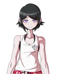 1girl bare_arms black_bra black_hair bra breasts cleavage closed_mouth collarbone danganronpa:_trigger_happy_havoc danganronpa_(series) danganronpa_s:_ultimate_summer_camp eyebrows eyelashes female_focus freckles highres ikusaba_mukuro looking_at_viewer muscular muscular_female official_style parted_bangs purple_eyes red_shirt shirt smile solo solo_focus tank_top third-party_edit transparent_background underwear white_tank_top