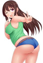 Rule 34 | 1girl, ass, bare shoulders, belt, blush, breasts, brown hair, female focus, huge ass, large breasts, long hair, looking at viewer, neri sachiko, one eye closed, open mouth, original, plump, purple eyes, shiny skin, short shorts, shorts, sideboob, simple background, smile, solo, v, wink