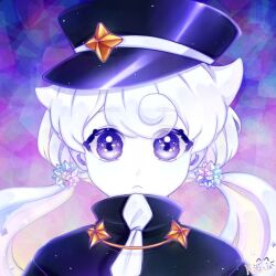 Rule 34 | 1girl, artist request, blue eyes, colored skin, cookie run, hat, humanization, long hair, long sleeves, low twintails, milky way cookie, non-web source, solo, star (symbol), train conductor, twintails, very long hair, white hair, white skin