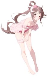 Rule 34 | 1girl, absurdres, animal ears, arknights, bare legs, bare shoulders, barefoot, bikini, blush, breasts, brown hair, checkered bikini, checkered clothes, cleavage, collarbone, eyjafjalla (arknights), eyjafjalla (summer flower) (arknights), flower, full body, hair flower, hair ornament, highres, horns, leaning forward, bridal garter, long hair, looking at viewer, medium breasts, official alternate costume, open mouth, pink flower, ponytail, red bikini, red eyes, sayun (5 to 16 ), sheep ears, sheep girl, sheep horns, solo, standing, strapless, strapless bikini, swimsuit, swimsuit cover-up, very long hair