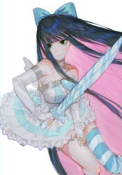 Rule 34 | 1girl, absurdres, angel wings, blue bow, blue hair, blue nails, blunt bangs, bow, breasts, bridal gauntlets, collar, colored inner hair, dress, frilled dress, frills, gloves, green eyes, hair bow, hand on own thigh, heart, highres, holding, holding sword, holding weapon, large breasts, long hair, mini wings, multicolored hair, panty &amp; stocking with garterbelt, pink hair, simple background, single thighhigh, smile, solo, spaghetti strap, stocking (psg), striped clothes, striped thighhighs, sword, thighhighs, two-tone hair, very long hair, weapon, white background, white dress, wings, yatatashira