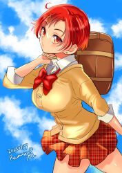 Rule 34 | 1girl, aged up, bag, bow, bowtie, cardigan, earrings, hair ornament, hairclip, highres, hino akane (smile precure!), jewelry, precure, ramune02, red bow, red bowtie, red eyes, red hair, red skirt, school bag, short hair, skirt, sky, smile precure!, solo, yellow cardigan