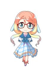 Rule 34 | 1girl, ankle lace-up, arms behind back, blonde hair, blue dress, blue eyes, chibi, closed mouth, commentary request, cross-laced footwear, dairi, dress, frilled dress, frills, full body, glasses, gradient hair, hair ornament, haruno sora, jewelry, long hair, long sleeves, looking at viewer, mole, mole under mouth, multicolored hair, pendant, plaid, plaid dress, purple footwear, red-framed eyewear, red ribbon, ribbon, smile, solo, standing, straight-on, tachi-e, transparent background, vocaloid, voiceroid