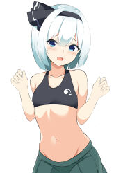 Rule 34 | 1girl, 9150namihana, absurdres, aqua eyes, black hairband, blush, commentary request, cowboy shot, green sleeves, groin, hairband, highres, konpaku youmu, looking at viewer, midriff, navel, open mouth, short hair, simple background, solo, sports bra, touhou, upper body, white background, white hair