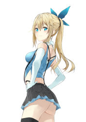 Rule 34 | 1girl, absurdres, ass, back cutout, bare shoulders, black skirt, blonde hair, blue eyes, blue ribbon, blush, breasts, cleavage, closed mouth, clothing cutout, commentary request, cowboy shot, elbow gloves, from side, fujisaki ribbon, gloves, hair ribbon, half-closed eyes, hands on own hips, highres, legs together, long hair, looking at viewer, medium breasts, miniskirt, mirai akari, mirai akari project, no panties, pleated skirt, ponytail, ribbon, shoulder blades, simple background, single thighhigh, skirt, sleeveless, smile, solo, standing, suspender skirt, suspenders, thighhighs, virtual youtuber, white background, white gloves