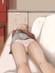 Rule 34 | 10s, 1girl, anchor hair ornament, ass, blonde hair, cabinet, cho ikuko, coffee table, couch, cowboy shot, facing away, from behind, from below, hair ornament, hat, unworn hat, unworn headwear, highres, indoors, kantai collection, kneepits, long sleeves, lying, microskirt, military, military uniform, on couch, on stomach, panties, peaked cap, pleated skirt, prinz eugen (kancolle), sketch, skirt, sleeping, solo, table, translation request, twintails, underwear, uniform, upskirt, white panties, zzz