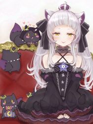 Rule 34 | 1girl, absurdres, animal ear fluff, animal ears, bare shoulders, black dress, black sleeves, blush, cat ears, cat girl, criss-cross halter, detached sleeves, dress, frilled dress, frilled ribbon, frills, gothic lolita, grey hair, hair ribbon, halter dress, halterneck, highres, hololive, layered dress, lolita fashion, long hair, looking at viewer, murasaki shion, murasaki shion (gothic lolita), nanashi (nlo), official alternate costume, pinstripe dress, pinstripe pattern, ribbon, shiokko (murasaki shion), short dress, sleeveless, sleeveless dress, solo, striped, tongue, tongue out, twintails, virtual youtuber, white background, wide sleeves, yellow eyes