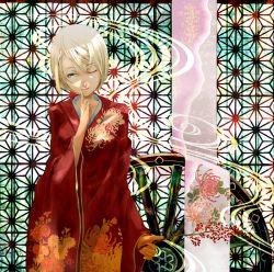 Rule 34 | 1girl, asa no ha (pattern), blonde hair, blue eyes, branch, chrysanthemum print, female focus, finger to mouth, floral print, highres, japanese clothes, kagamine rin, kimono, looking at viewer, nine (plantroom9), one eye closed, original, quareallel (vocaloid), short hair, solo, vocaloid, wheel