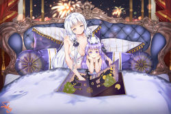 Rule 34 | 2girls, :o, aerial fireworks, arm support, azur lane, bare shoulders, bed, black ribbon, blue eyes, blush, book, breasts, closed mouth, collarbone, commentary request, crescent, dress, fireworks, hair bun, hair ribbon, head tilt, illustrious (azur lane), indoors, large breasts, long hair, looking at viewer, multiple girls, night, night sky, on head, one side up, open book, parted lips, pillow, pop-up book, purple eyes, purple hair, ribbon, shizi suky, side bun, signature, silver hair, single hair bun, single side bun, sitting, sky, sleeveless, sleeveless dress, smile, stuffed animal, stuffed pegasus, stuffed toy, stuffed unicorn, stuffed winged unicorn, under covers, unicorn (azur lane), very long hair, white dress, window