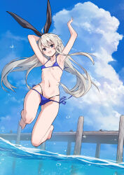 Rule 34 | 1girl, :d, armpits, barefoot, bikini, black hairband, blonde hair, blue bikini, blue eyes, blue sky, breasts, cloud, commentary request, day, hairband, highres, jumping, kantai collection, long hair, looking at viewer, ocean, open mouth, outdoors, shimakaze (kancolle), side-tie bikini bottom, sky, small breasts, smile, solo, swimsuit, takanashi kei (hitsujikan), toes