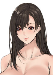 Rule 34 | 1girl, bare shoulders, breasts, brown hair, cleavage, closed mouth, collarbone, commentary request, earrings, final fantasy, final fantasy vii, hair between eyes, jewelry, lips, long hair, looking at viewer, medium breasts, red eyes, shiny skin, simple background, solo, tifa lockhart, upper body, white background, zucchini