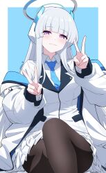 Rule 34 | 1girl, absurdres, black pantyhose, blazer, blue archive, blunt bangs, collared shirt, commentary request, double v, halo, headgear, highres, hood, hooded coat, jacket, long hair, long sleeves, looking at viewer, multicolored hair, necktie, noa (blue archive), pantyhose, pleated skirt, purple eyes, reia 76, school uniform, shirt, sidelocks, simple background, sitting, skirt, solo, two-tone hair, v, white hair