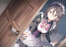 1girl apron black_dress black_eyes bow bowtie dress hair_between_eyes hair_ornament hairclip highres kimishima_ayano long_hair long_sleeves looking_at_viewer maid maid_apron maid_headdress momoko_(momopoco) novel_illustration official_art open_door parted_lips pink_bow pink_bowtie solo tokidoki_bosotto_roshia-go_de_dereru_tonari_no_alya-san white_apron