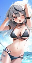Rule 34 | 1girl, aamana0, absurdres, arm strap, arms up, belt collar, bikini, black bikini, black collar, black hair, blue sky, blush, breasts, cloud, collar, commentary request, cowboy shot, fang, grey hair, hair ornament, hairclip, highres, hololive, long hair, looking at viewer, medium breasts, multicolored hair, ocean, one eye closed, open mouth, red eyes, sakamata chloe, sky, solo, standing, streaked hair, swimsuit, virtual youtuber, x hair ornament