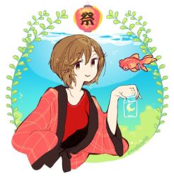 Rule 34 | breasts, brown eyes, brown hair, bubble, crescent moon, fish, goldfish, holding, holding jar, jar, leaf, looking at viewer, medium breasts, meiko (vocaloid), moon, parallela66, parted lips, red shirt, shirt, short hair, smile, solo, twitter username, underwater, upper body, vocaloid, water
