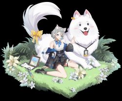 Rule 34 | 1girl, animal ear fluff, animal ears, ao la xing, bare shoulders, belt, black background, black footwear, blue eyes, bow, braid, breasts, chinese commentary, closed mouth, collared shirt, detached sleeves, dog, dog ears, dog girl, dog tail, dot nose, extra ears, flower, frilled skirt, frills, full body, grass, grey hair, highres, looking at viewer, photo (object), picture frame, picture frame, shadow, shirt, short hair, simple background, sitting, skirt, smile, socks, solo, syringe, tail, tail bow, tail ornament, thigh strap, tongue, tongue out, wariza, wide sleeves, yellow bow, zuo600