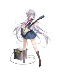 Rule 34 | 1girl, amplifier, black footwear, black socks, blood, blood on clothes, blood on face, blue sailor collar, blue skirt, cable, closed mouth, electric guitar, floating hair, full body, green eyes, grey hair, guitar, hair between eyes, hair ribbon, hair rings, highres, holding, holding instrument, holding plectrum, instrument, legs apart, long hair, looking at viewer, low twintails, luo tianyi, miniskirt, music, neckerchief, playing instrument, pleated skirt, plectrum, red neckerchief, red ribbon, ribbon, sailor collar, school uniform, serafuku, shirt tucked in, short sleeves, skirt, socks, solo, tachi-e, twintails, variant set, very long hair, vocaloid, vsinger, white background, white serafuku, zoooyt