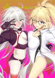 Rule 34 | 2girls, ahoge, bikini, black-framed eyewear, black bikini, black jacket, blonde hair, blush, breast press, breasts, choker, collarbone, competition swimsuit, covered navel, cropped jacket, fate/grand order, fate (series), full-face blush, glasses, hair between eyes, hand gesture, highres, hip focus, jacket, jeanne d&#039;arc alter (swimsuit berserker) (fate), jeanne d&#039;arc (fate), jeanne d&#039;arc (ruler) (fate), jeanne d&#039;arc (swimsuit archer) (fate), jeanne d&#039;arc (swimsuit archer) (second ascension) (fate), jeanne d&#039;arc alter (fate), jeanne d&#039;arc alter (swimsuit berserker) (fate), large breasts, long hair, long sleeves, looking at viewer, multiple girls, navel, o-ring, o-ring bikini, one-piece swimsuit, one eye closed, open clothes, open jacket, open mouth, pale skin, ponytail, red legwear, shrug (clothing), silver hair, single thighhigh, smile, swimsuit, symmetrical docking, thighhighs, thighs, very long hair, w, whistle, whistle around neck, white jacket, white one-piece swimsuit, yellow eyes, yoshiki360