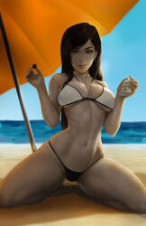 Rule 34 | 1girl, alternate costume, bare shoulders, barefoot, beach, beach umbrella, bikini, black hair, breasts, clear sky, closed mouth, collarbone, commentary, day, earrings, english commentary, final fantasy, final fantasy vii, full body, highres, holding, jewelry, large breasts, lips, long hair, looking at viewer, lotion, lotion bottle, mrgunn-art, navel, ocean, outdoors, red eyes, shade, single earring, sky, smile, solo, spread legs, stomach, swimsuit, tifa lockhart, umbrella