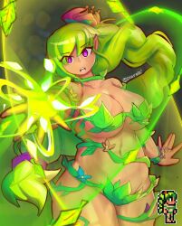 Rule 34 | 1girl, absurdres, artist logo, artist name, breasts, bright pupils, dark-skinned female, dark skin, dierelc, dot nose, dryad, dryad (terraria), female focus, flower, green hair, hair flower, hair ornament, highres, large breasts, long hair, magic, nature, navel, open mouth, pixel art, plant, pointy ears, ponytail, purple eyes, revealing clothes, solo, stomach, terraria, thighs, very long hair