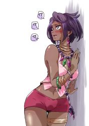 Rule 34 | 1girl, :d, ?, aqua nails, bare shoulders, blush, bracelet, breasts, cleavage, collarbone, commentary request, creatures (company), dark-skinned female, dark skin, diamond (shape), elite four, game freak, gem, island kahuna, jewelry, leaning to the side, medium breasts, nail polish, navel, neck ring, necklace, nintendo, olivia (pokemon), open mouth, pink lips, pink shirt, pink shorts, pokemon, pokemon sm, purple eyes, purple hair, shirt, short hair, shorts, smile, solo, spoken question mark, standing, sweatdrop, tank top, thigh gap, thigh strap, trial captain, unya