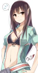 Rule 34 | 1girl, bad id, bad pixiv id, belt, bra, breasts, brown eyes, brown hair, center opening, cleavage, front-tie top, hand on own hip, highres, jewelry, kurebayashi noe, long hair, looking at viewer, medium breasts, navel, necklace, ol blink (pso2), phantasy star, phantasy star online 2, pointy ears, sketch, smile, solo, ulc, underwear, white background
