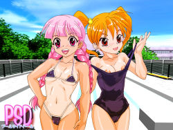 Rule 34 | 2girls, :d, bikini, braid, breasts, day, hair bobbles, hair ornament, long hair, multiple girls, nipple slip, nipples, non-web source, one-piece swimsuit, one-piece tan, open mouth, orange hair, original, outdoors, pink eyes, pink hair, pool, poolside, red eyes, school, school swimsuit, shiny skin, small breasts, smile, swimsuit, takamizu, tan, tanline, twin braids, twintails