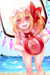 Rule 34 | 1girl, ball, beachball, bent over, blonde hair, blurry, blush, crystal, day, fangs, flandre scarlet, hair ribbon, hat, highres, looking at viewer, mob cap, ocean, one-piece swimsuit, open mouth, red eyes, ribbon, side ponytail, sky, smile, solo, sunlight, swimsuit, tis (shan0x0shan), touhou, wings