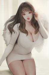 Rule 34 | 1girl, absurdres, breasts, brown eyes, brown hair, cleavage, cowboy shot, curvy, dress, earrings, eyelashes, fingernails, fur-trimmed shawl, fur trim, highres, hyulla, jewelry, large breasts, leaning forward, legs together, lipstick, long fingernails, long hair, looking at viewer, makeup, matching hair/eyes, mole, mole under mouth, original, parted lips, red lips, sharp fingernails, shawl, short dress, solo, thighs, white dress