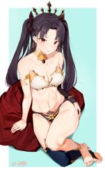 Rule 34 | 1girl, absurdres, arm support, bare shoulders, barefoot, black hair, breasts, brooch, cleavage, closed mouth, collar, collarbone, earrings, fate/grand order, fate (series), feet, garin, groin, hair ornament, hair ribbon, highres, hoop earrings, ishtar (fate), jewelry, long hair, looking at viewer, medium breasts, navel, parted bangs, red eyes, ribbon, sitting, solo, stomach, thighhighs, thighs, toes, twitter username, two side up, very long hair
