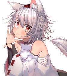 Rule 34 | 1girl, animal ear fluff, animal ears, bandages, bare shoulders, black gloves, blush, bridal gauntlets, commentary request, detached sleeves, fang, fang out, gloves, hair between eyes, hand up, hat, highres, inubashiri momiji, long sleeves, looking at viewer, masanaga (tsukasa), pom pom (clothes), red eyes, sarashi, shirt, short hair, silver hair, simple background, smile, solo, tail, tassel, tokin hat, touhou, upper body, white background, white shirt, wide sleeves, wolf ears, wolf tail