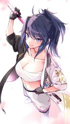 Rule 34 | 1girl, arm up, black gloves, black hair, black jacket, blue eyes, blue hair, breasts, chest sarashi, cleavage, collarbone, floral print, glasses, gloves, hand on own hip, highres, holding, indie virtual youtuber, jacket, kson, large breasts, looking at viewer, midriff, mole, mole under eye, multicolored clothes, multicolored hair, multicolored jacket, navel, open clothes, open jacket, pants, ponytail, sarashi, shirt, smile, solo, souchou, two-tone jacket, virtual youtuber, white background, white footwear, white jacket, white pants, yuyaiyaui