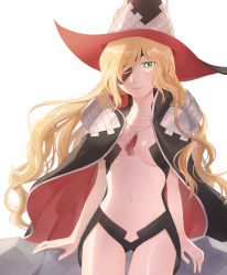 Rule 34 | 1girl, black cape, blonde hair, breasts, cape, cleavage, collarbone, cowboy shot, eyepatch, floating hair, gluteal fold, green eyes, hat, long hair, looking at viewer, medium breasts, navel, open mouth, othinus, shiny skin, simple background, solo, standing, thigh gap, toaru majutsu no index, toaru majutsu no index: new testament, very long hair, white background, witch hat, zarutsu