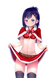 Rule 34 | 1girl, absurdres, belt, bikini, bikini top only, black thighhighs, blush, bow, breasts, candy, candy cane, capelet, christmas, cleavage, closed mouth, cowboy shot, food, gabriel dropout, gluteal fold, hair ornament, hairclip, highres, looking at viewer, medium breasts, meng jiang, navel, purple eyes, purple hair, red bikini, red bow, red skirt, simple background, skirt, skirt hold, solo, sparkle, standing, swimsuit, thighhighs, v-shaped eyebrows, vignette tsukinose april, white background