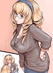 Rule 34 | 00s, 2girls, :p, blonde hair, grabbing another&#039;s breast, breasts, casual, cleavage, drill hair, glasses, grabbing, hairband, hand on own hip, hinaichigo, hip focus, large breasts, multiple girls, aged up, rozen maiden, tongue, tongue out, tsuda nanafushi