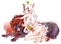Rule 34 | 1girl, amaterasu (ookami), animal ears, barefoot, capcom, issun, long hair, nude, oki, okikurumi (ookami), ookami (game), personification, role reversal, tail, tattoo, white hair, wolf ears