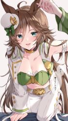Rule 34 | 1girl, ahoge, animal ears, asymmetrical sleeves, bandeau, belt, belt buckle, breasts, brown hair, buckle, choker, cleavage, commentary request, cropped jacket, green bandeau, hair between eyes, hair ornament, hairclip, hat, highres, horse ears, horse girl, horse tail, jacket, large breasts, long hair, long sleeves, mini hat, mini top hat, mr. c.b. (umamusume), open clothes, open jacket, pants, simple background, solo, tail, tetora (oudonoishiize), top hat, umamusume, white background, white belt, white hat, white jacket, white pants, wrist cuffs, yellow choker