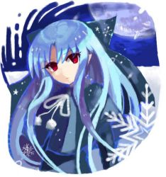 Rule 34 | 00s, 1girl, blue hair, bow, capelet, full moon, hair bow, len (tsukihime), long hair, melty blood, moon, pointy ears, red eyes, solo, tsukihime, yusano