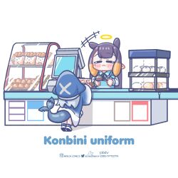 Rule 34 | 2girls, apron, baozi, barcode scanner, blue apron, blush stickers, cash register, chibi, closed eyes, convenience store, counter, english text, fins, fish tail, food, gawr gura, gawr gura (1st costume), halo, highres, hololive, hololive english, instagram username, monja (monja0521), multiple girls, ninomae ina&#039;nis, pixiv username, purple hair, shark tail, shop, simple background, tail, tentacle hair, twitter username, virtual youtuber, white background