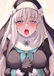 Rule 34 | 1girl, absurdres, black gloves, blue archive, blush, breasts, commentary, gloves, grey hair, halo, highres, konka, long hair, looking at viewer, medium breasts, nun, open mouth, purple eyes, sakurako (blue archive), saliva, solo, sweatdrop, teeth, tongue, veil