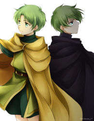 Rule 34 | 2boys, back-to-back, belt, belt buckle, brothers, buckle, capelet, closed mouth, fire emblem, fire emblem: the binding blade, green eyes, green hair, highres, looking to the side, lugh (fire emblem), multiple boys, nintendo, raigh (fire emblem), shirokuroma 29, shorts, siblings, thighs, twins, upper body, white background