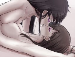 Rule 34 | 10s, 2girls, 5tb, armpits, arms up, asymmetrical docking, bare arms, bare shoulders, bdsm, black hair, blush, bondage, bound, breast press, breasts, brown hair, collarbone, colored eyelashes, cuffs, ebisuzawa kurumi, eye contact, female focus, french kiss, from side, gakkou gurashi!, girl on top, grey background, half-closed eyes, handcuffs, kiss, looking at another, lying, medium breasts, mole, mole under eye, multiple girls, neck, nude, on back, on stomach, pale skin, profile, purple eyes, saliva, sideboob, simple background, sweat, tongue, tongue out, upper body, wakasa yuuri, yellow eyes, yuri