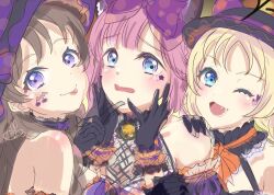 3girls :p ;d alternate_costume anyoji_hime black_dress black_gloves black_hat blonde_hair blue_eyes blunt_bangs blush bow bowler_hat breasts brown_hair cleavage closed_mouth collarbone commentary_request dress fang flustered fujishima_megumi girl_sandwich gloves hair_bow hand_on_another&#039;s_shoulder hands_up hat heart index_finger_raised iroenpitsu_xxx link!_like!_love_live! long_hair looking_at_viewer love_live! mira-cra_park! multiple_girls official_alternate_costume one_eye_closed open_mouth osawa_rurino parted_bangs pink_hair ponytail purple_bow purple_eyes sandwiched see-through_cleavage see-through_clothes sidelocks signature smile star_(symbol) swept_bangs tongue tongue_out trick_&amp;_cute_(love_live!) unfinished virtual_youtuber witch_hat